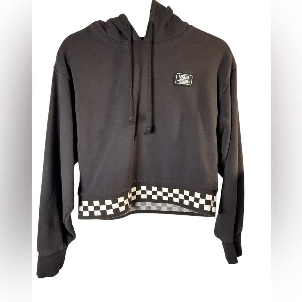 Vans Cropped Black Hoodie Checkerboard Hem Skate Streetwear